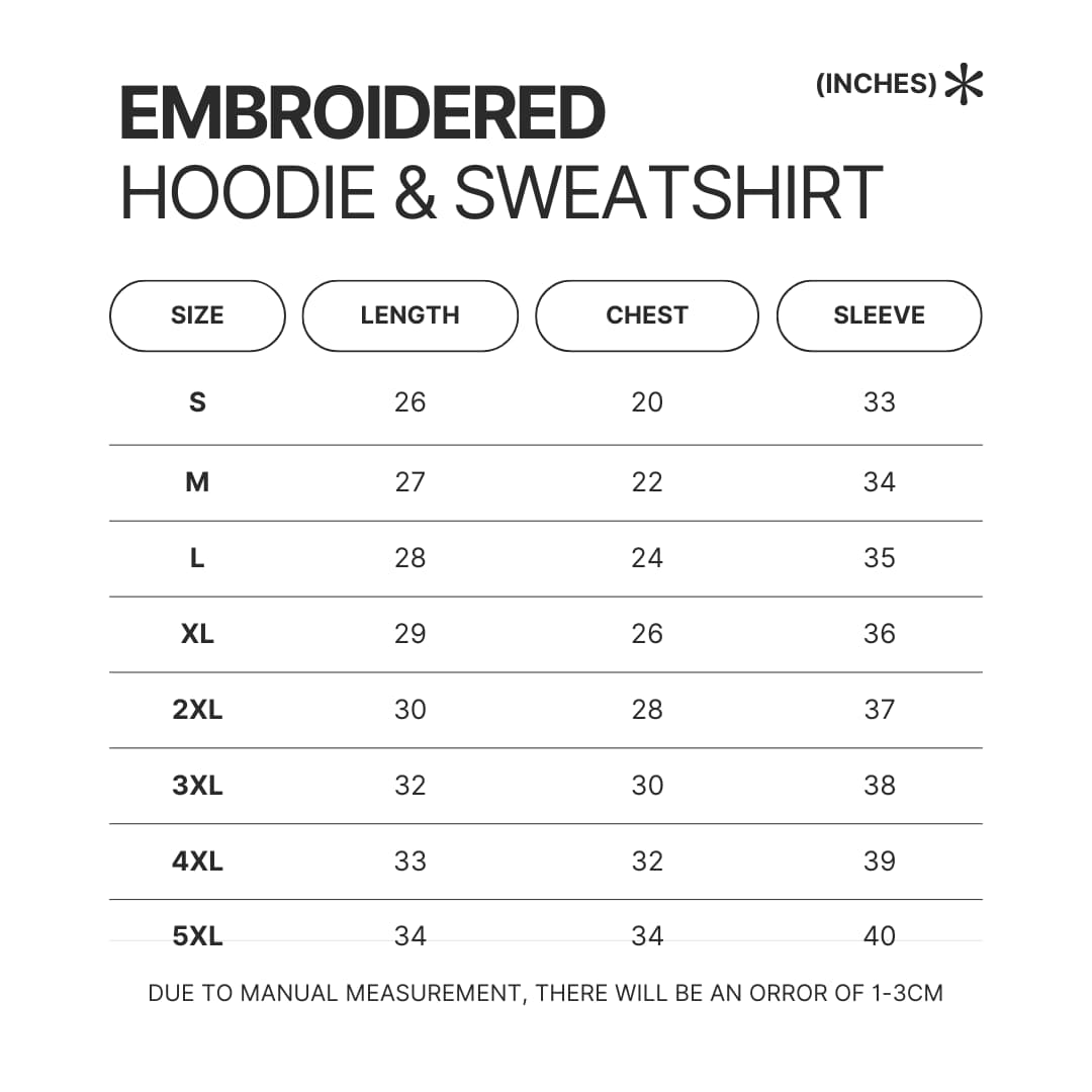 Embroidered Hoodie Sweatshirt Size Chart - Ghibli Gifts